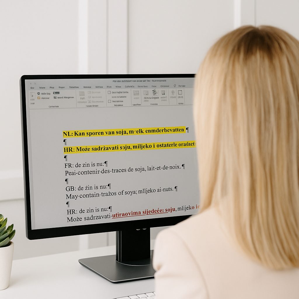 Žena s plavom kosom pregledava dokument u Wordu s uključenim "Track Changes" načinom rada; na ekranu su vidljive jezične ispravke i višejezični tekst.