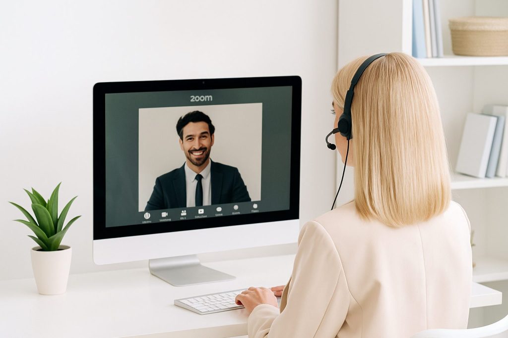 Žena s plavom kosom i slušalicama vodi online poduku stranog jezika putem Zooma; na zaslonu je prikazan sugovornik, markantni muškarac u odijelu.