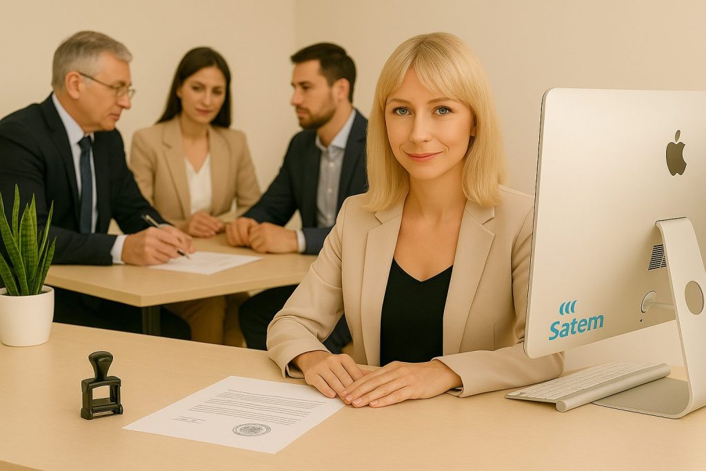 Sastanak u uredu javnog bilježnika – sudski tumačica, javni bilježnik i dvije stranke oko ovjere prijevoda